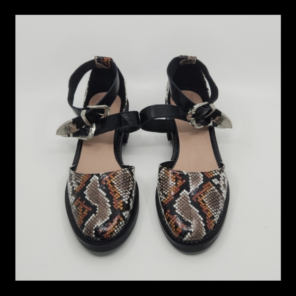 Women's Black Multi Snake-Print Ankle-Strap Flats